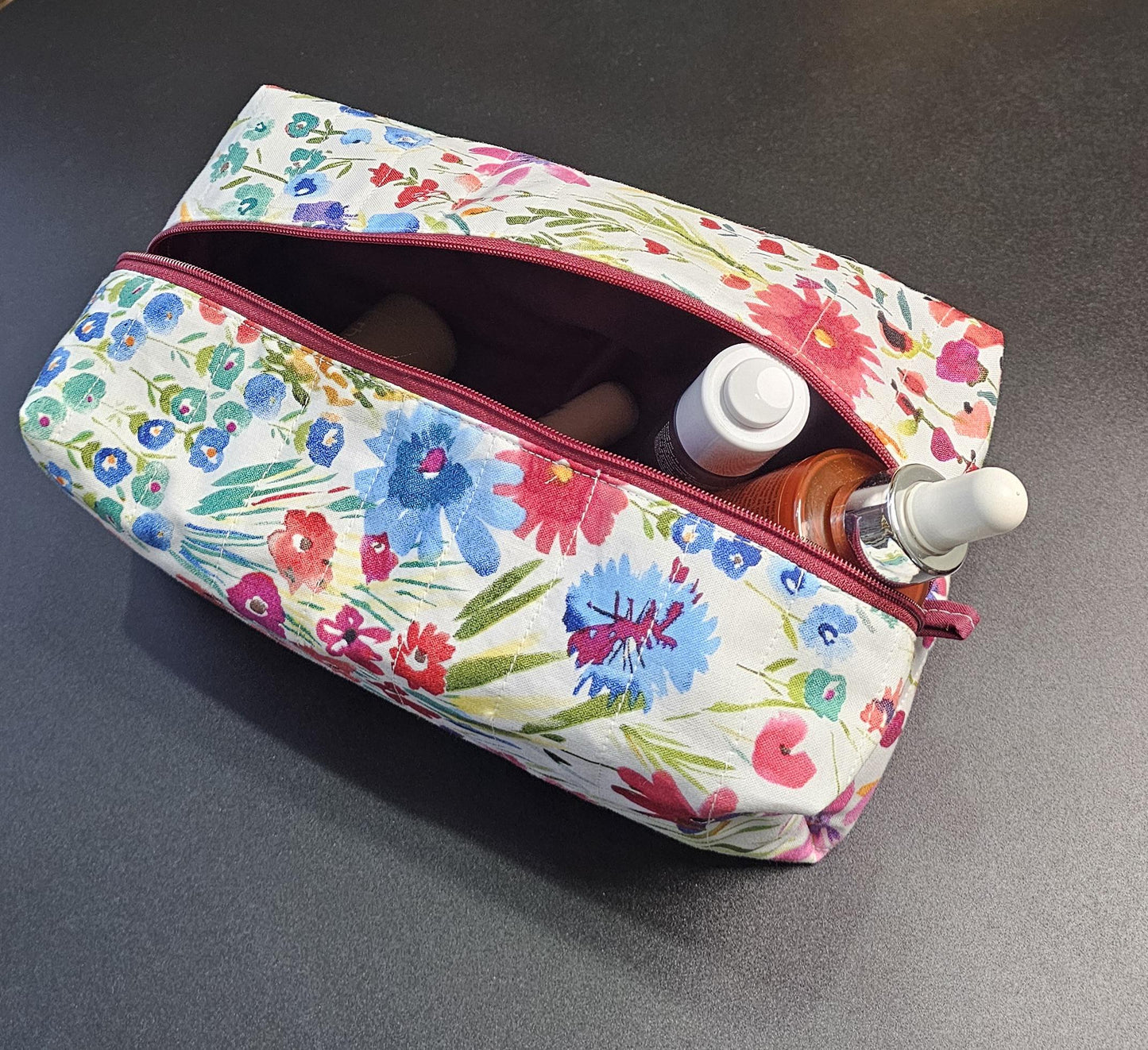 Handmade Quilted Makeup Bag, Floral Cotton Travel Cosmetic Pouc
