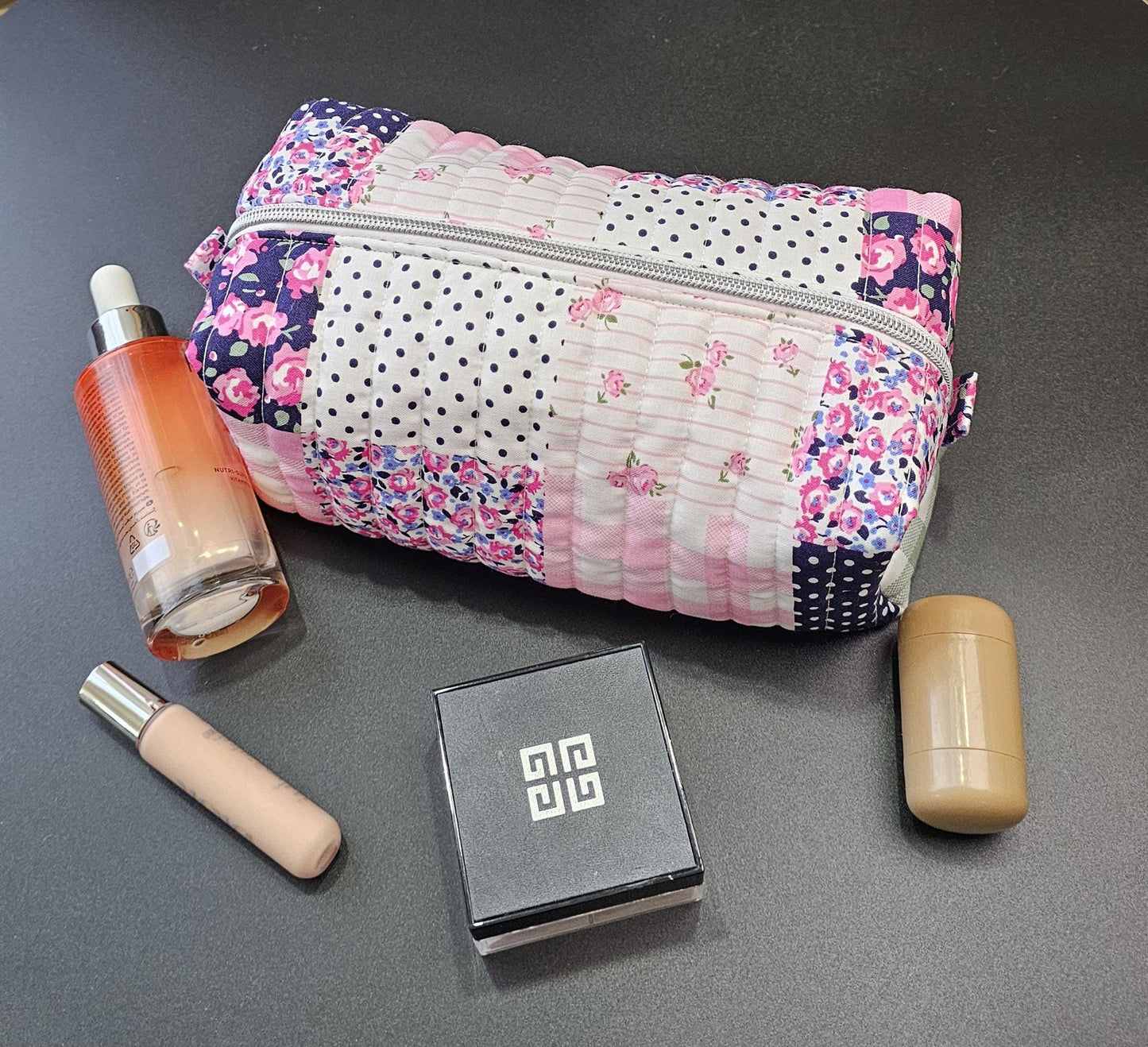 Handmade Quilted Cotton Makeup Bag, Medium Size