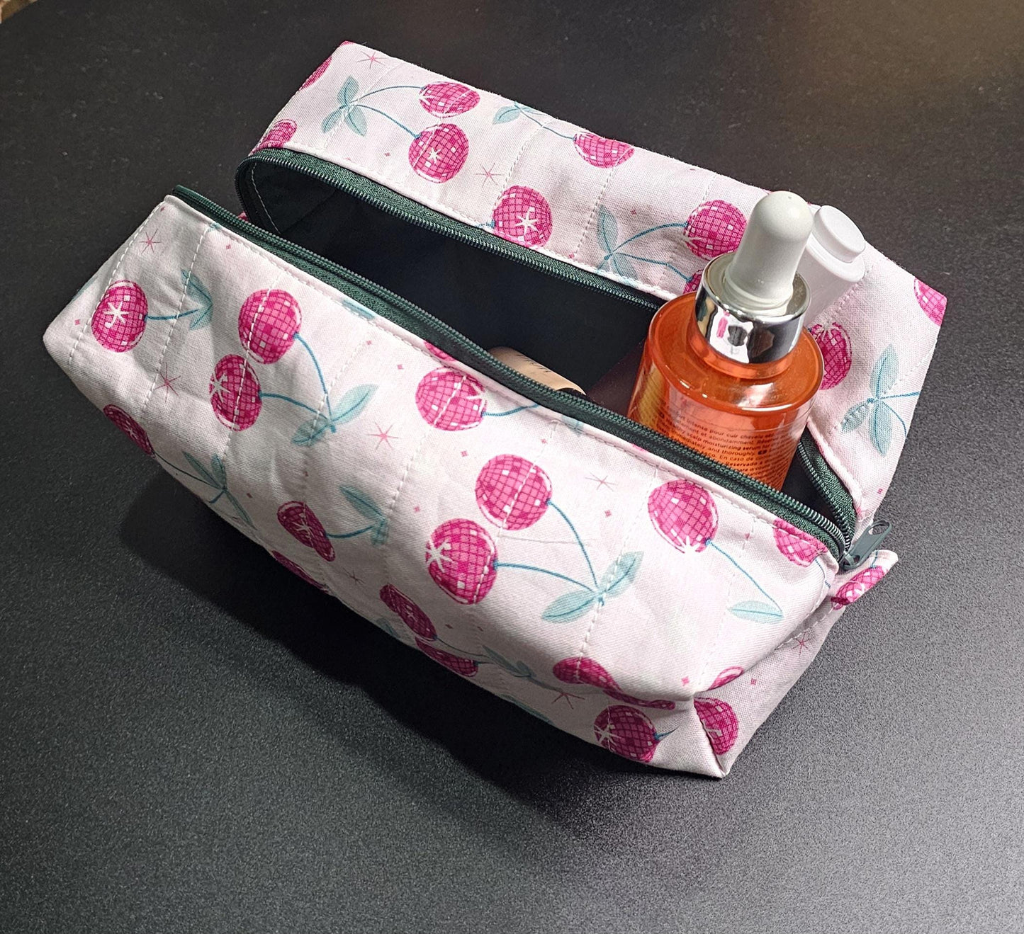 Handmade Quilted Cotton Makeup Bag, Cherry Print
