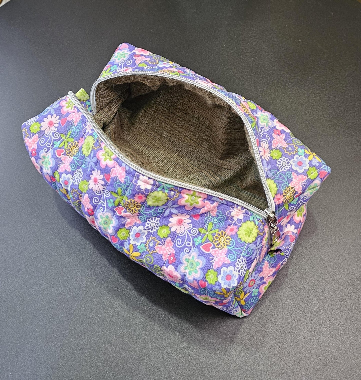 Handmade Quilted Cotton Makeup Bag, Floral Zipper Pouch