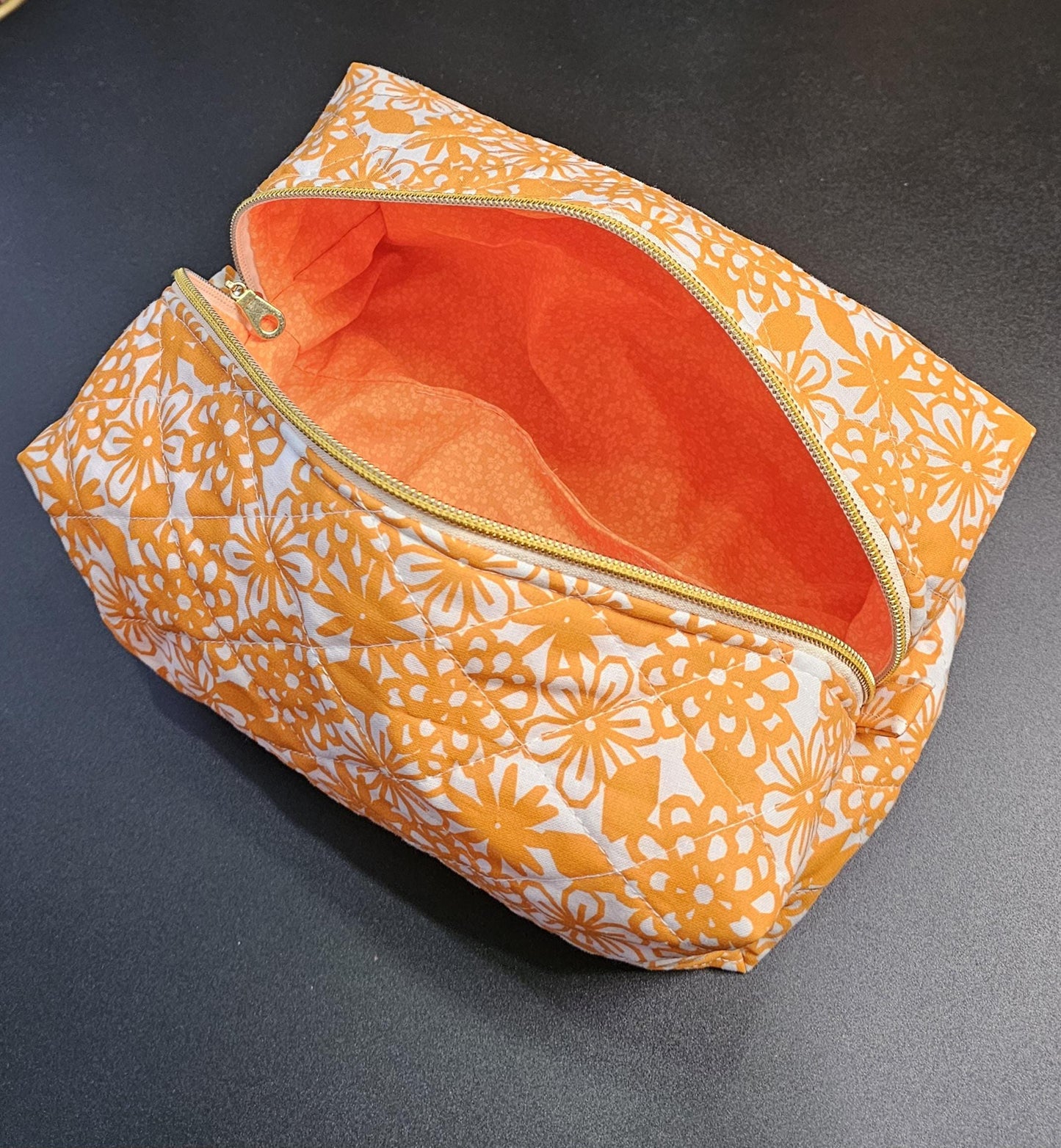 Handmade Large Quilted Makeup Bag: Orange Floral Cotton