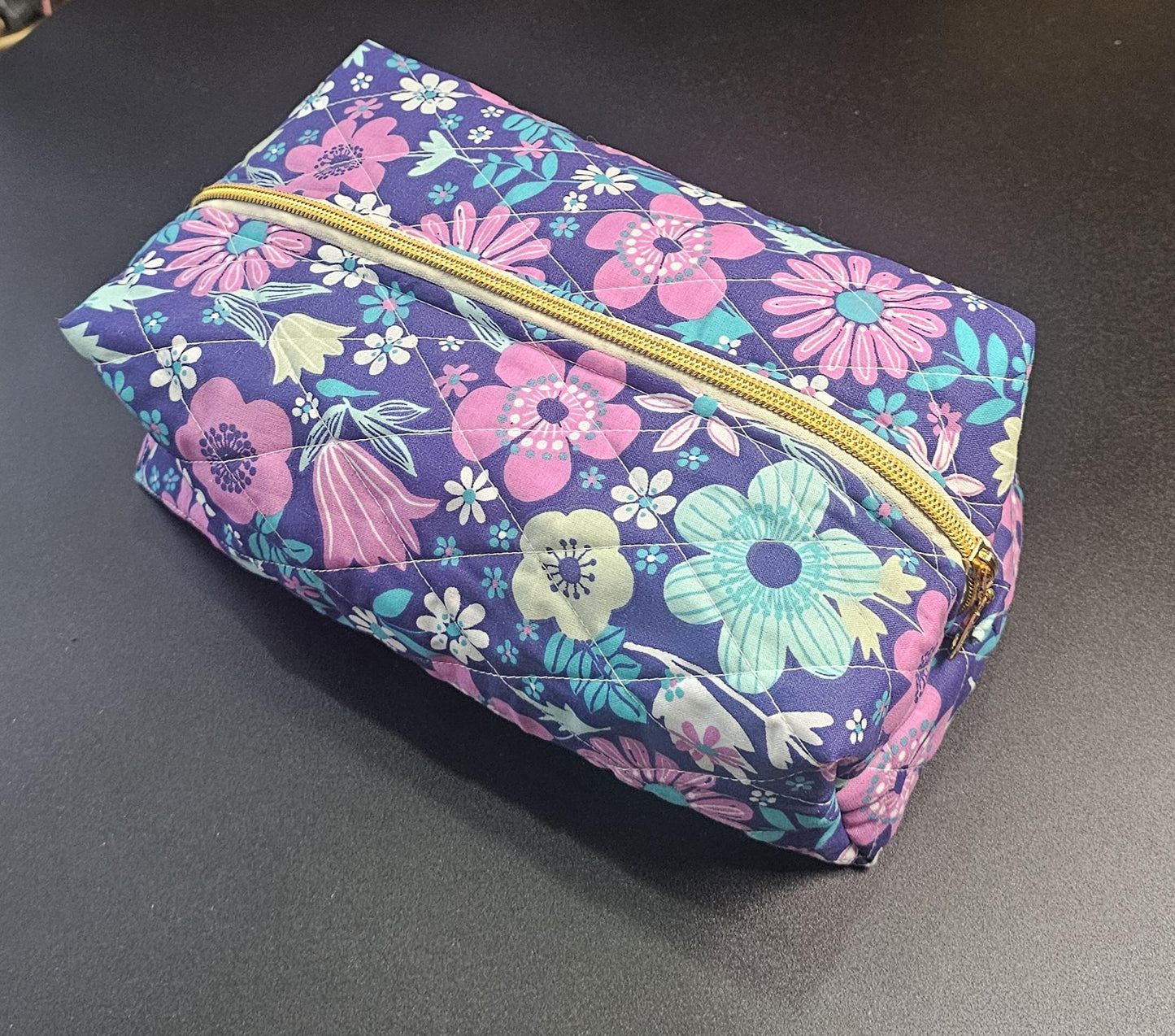Handmade Quilted Cotton Makeup Bag, Floral Print (11"x6.5"x4")