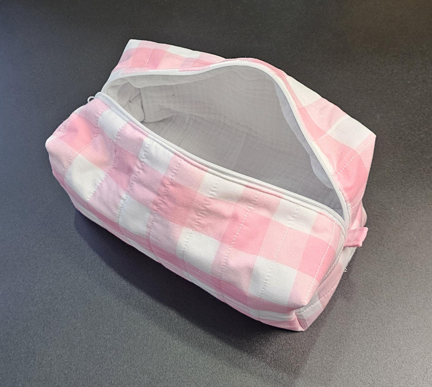 Handmade Cotton Makeup Bag: Pink Plaid Travel Cosmetic Bag