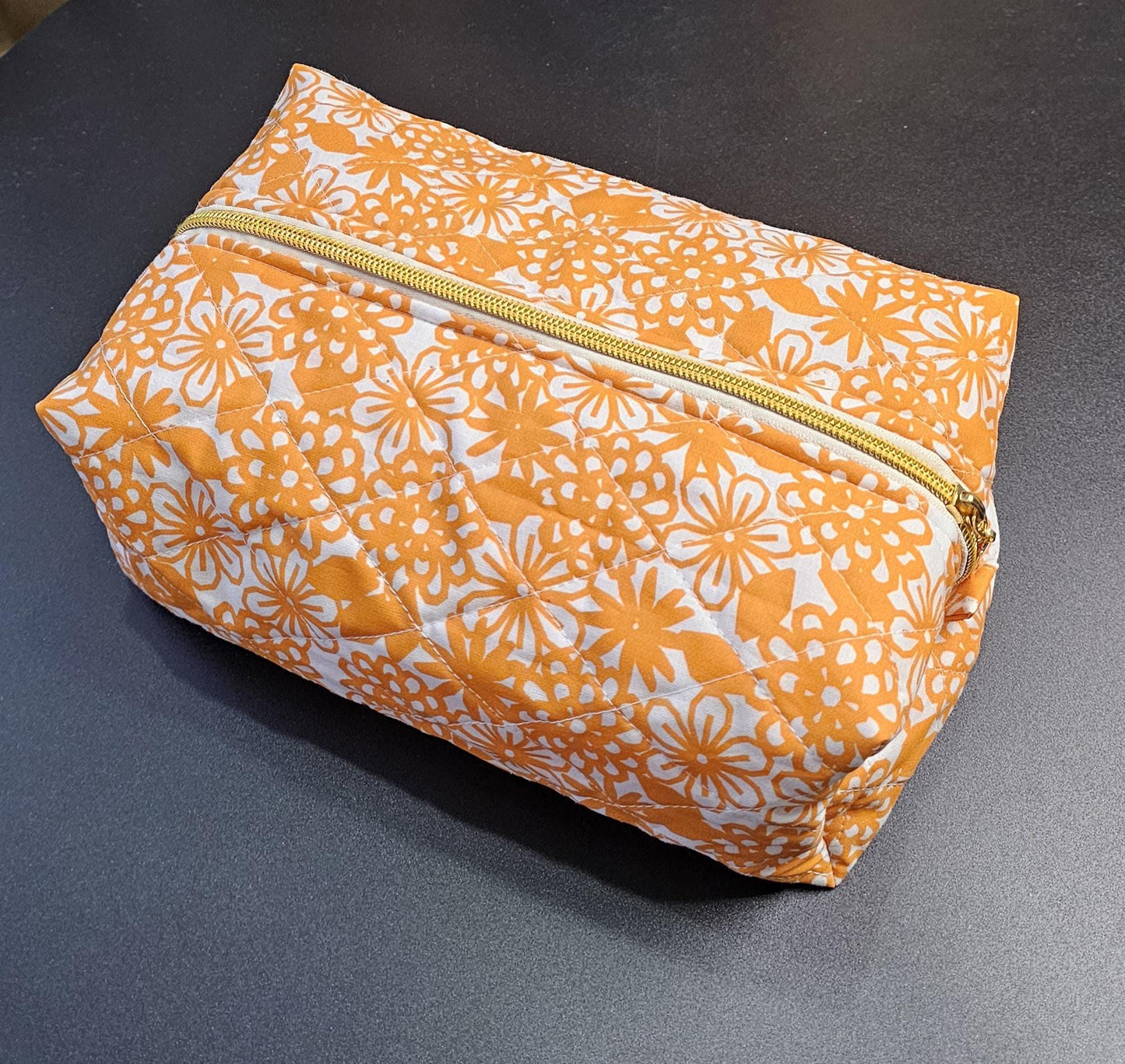 Handmade Large Quilted Makeup Bag: Orange Floral Cotton