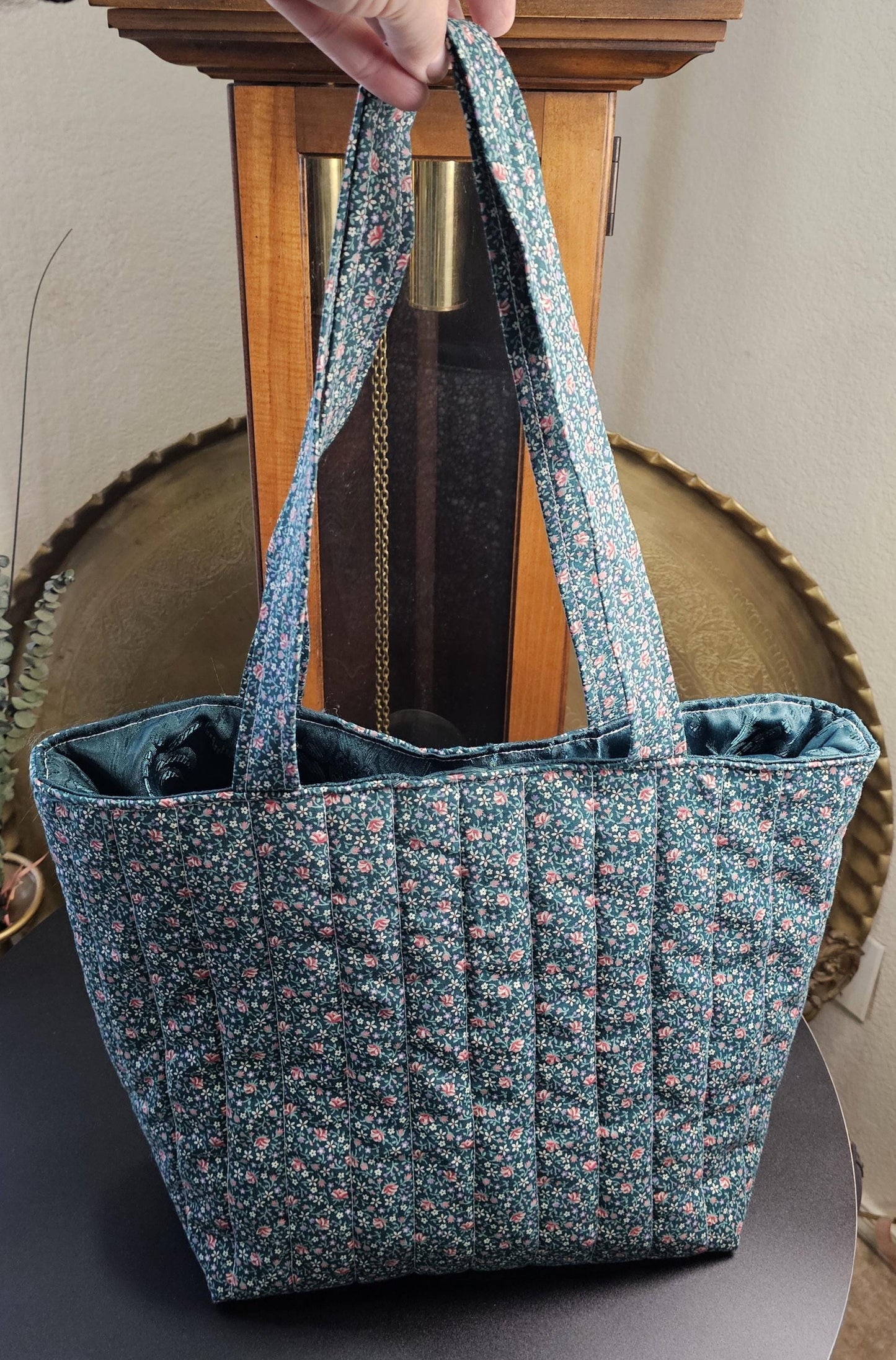 Handmade Floral Quilted Cotton Tote Bag with Pockets