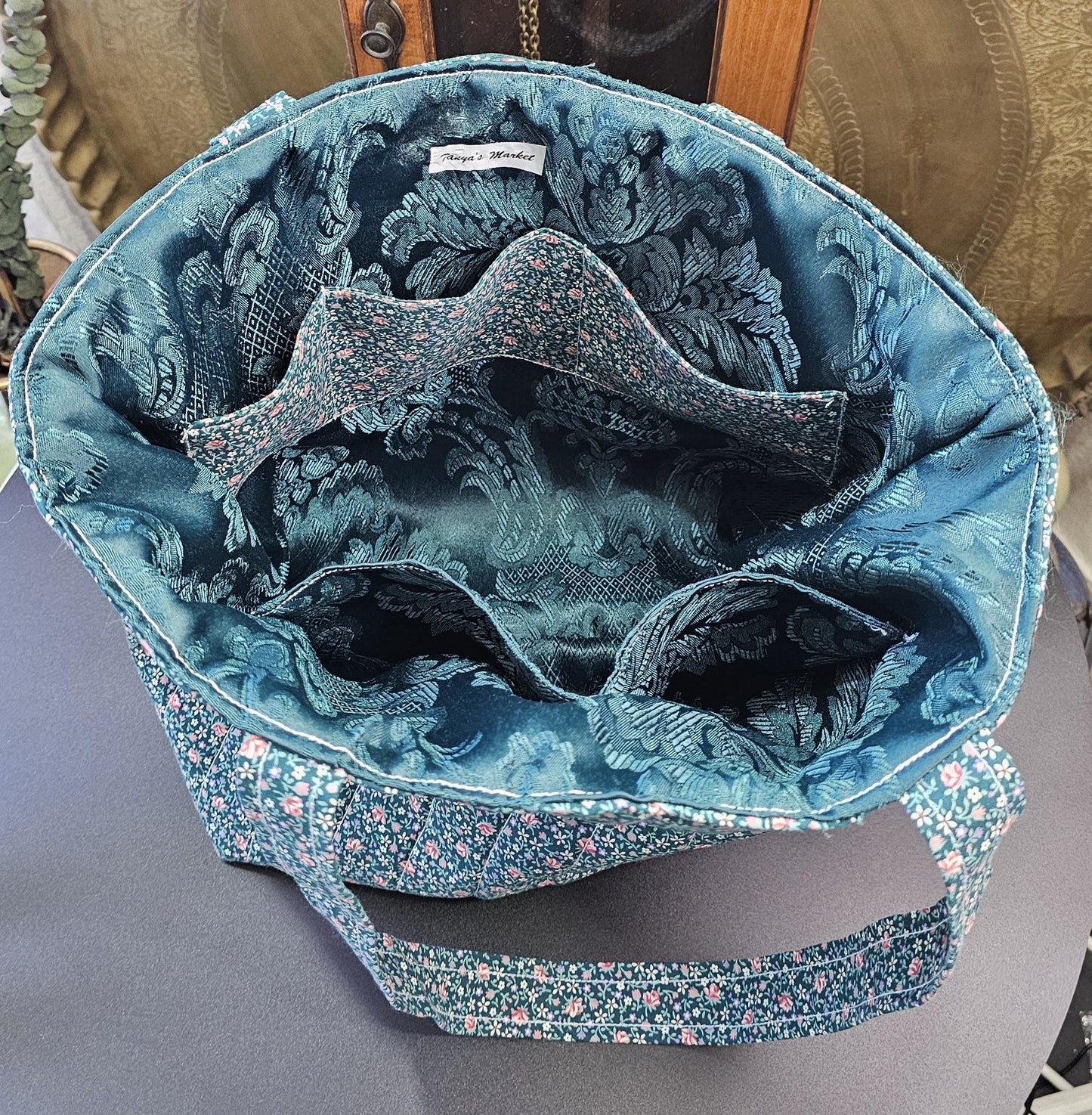 Handmade Floral Quilted Cotton Tote Bag with Pockets