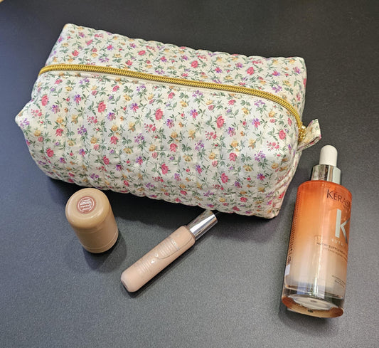 Handmade Floral Quilted Makeup Bag, Cotton Zipper Pouch