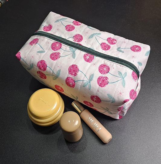 Handmade Quilted Cotton Makeup Bag, Cherry Print
