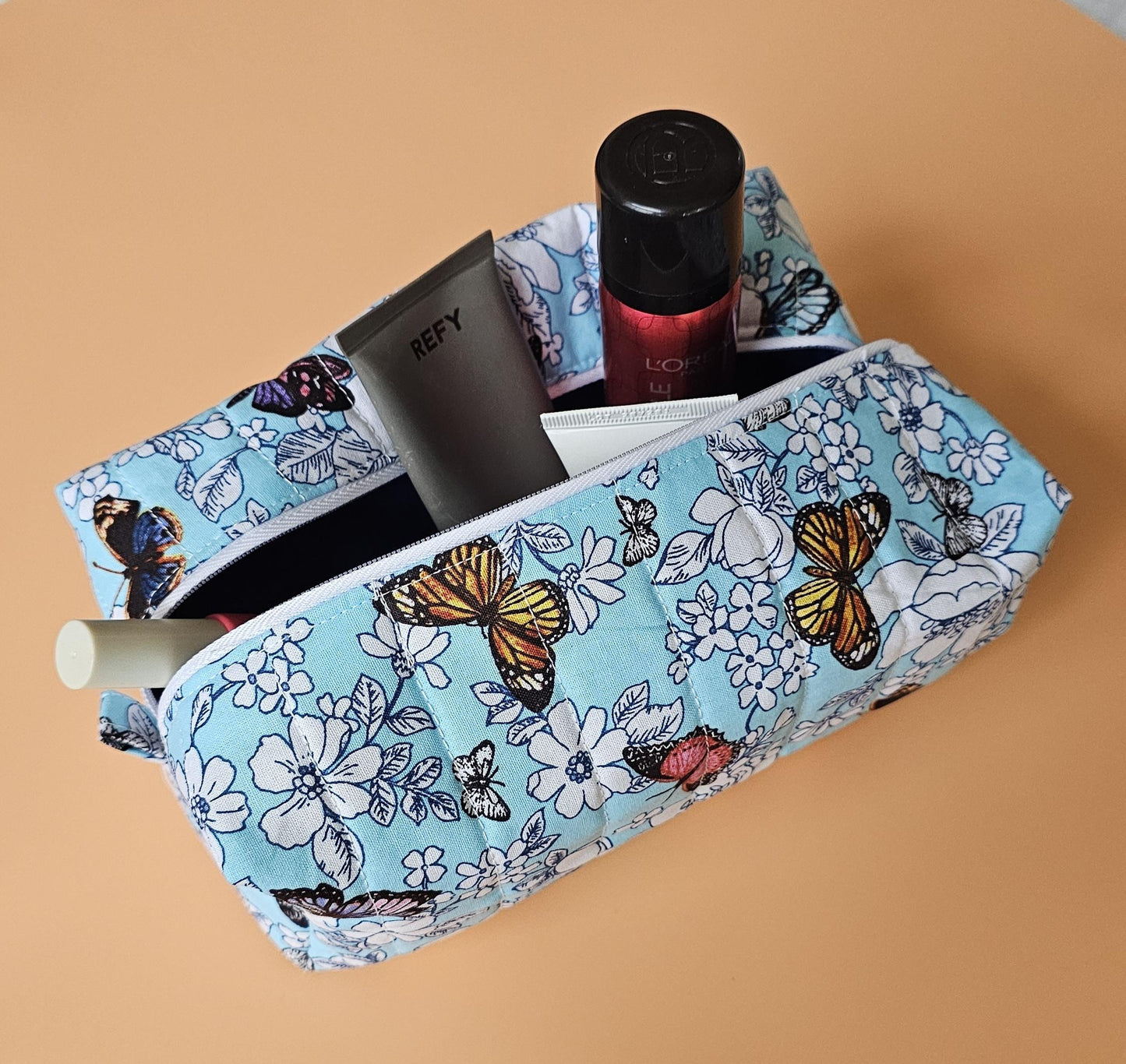 Handmade Floral Butterfly Makeup Bag - Medium Cotton Cosmetic Pouch