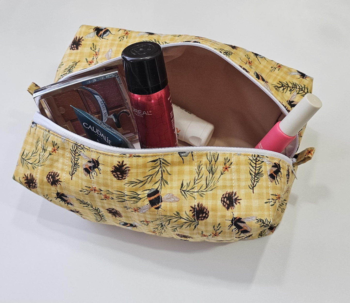 Handmade Quilted Cotton Makeup Bag - Bee & Floral Print