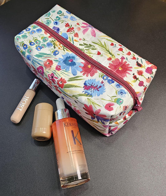 Handmade Quilted Makeup Bag, Floral Cotton Travel Cosmetic Pouc