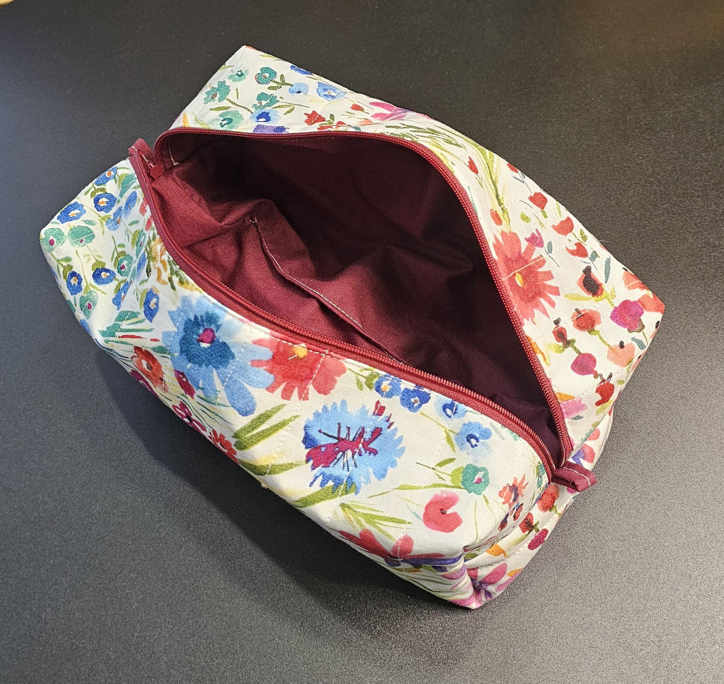 Handmade Quilted Makeup Bag, Floral Cotton Travel Cosmetic Pouc