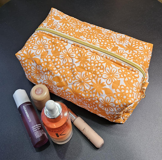 Handmade Large Quilted Makeup Bag: Orange Floral Cotton