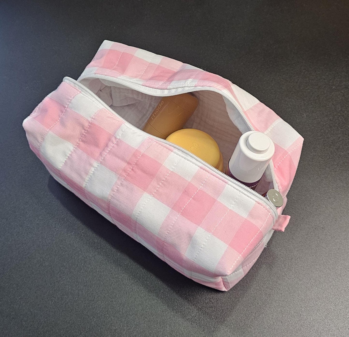 Handmade Cotton Makeup Bag: Pink Plaid Travel Cosmetic Bag