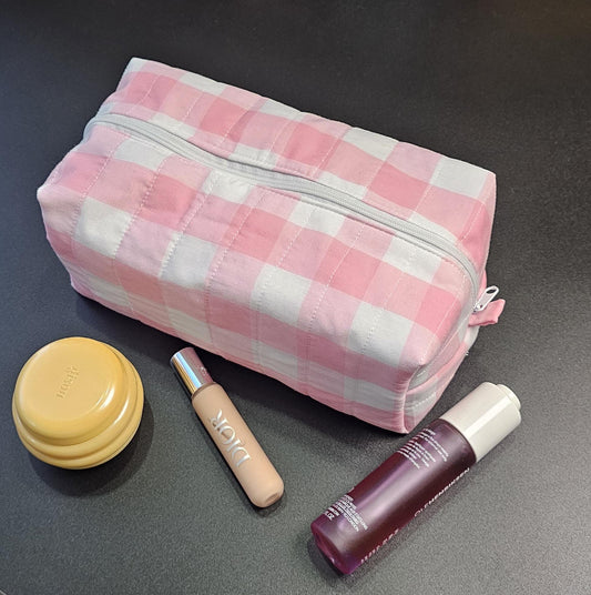 Handmade Cotton Makeup Bag: Pink Plaid Travel Cosmetic Bag