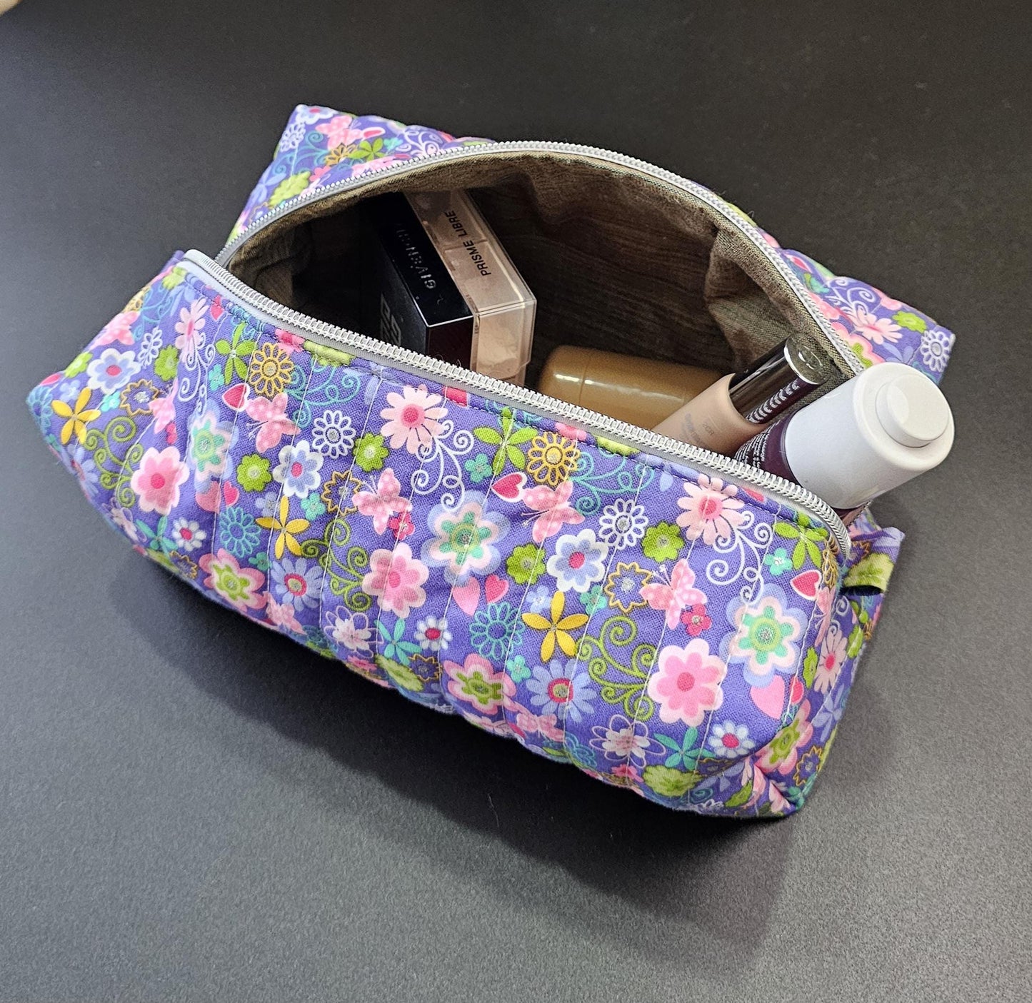 Handmade Quilted Cotton Makeup Bag, Floral Zipper Pouch