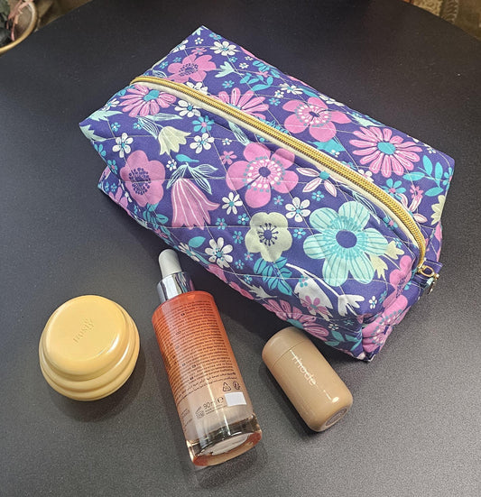 Handmade Quilted Cotton Makeup Bag, Floral Print (11"x6.5"x4")