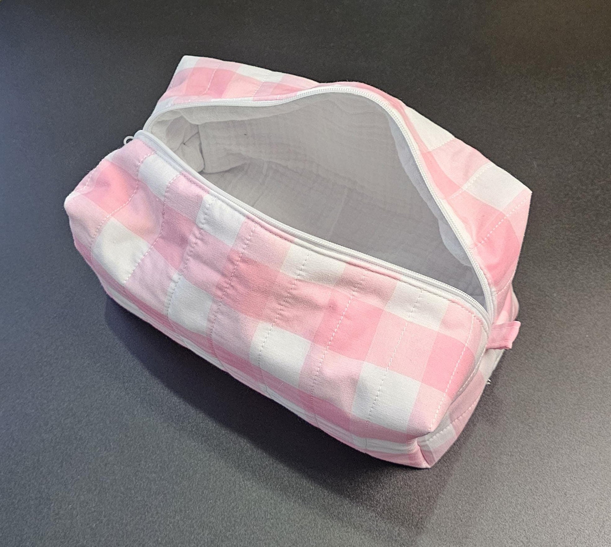 Handmade Cotton Makeup Bag: Pink Plaid Travel Cosmetic Bag