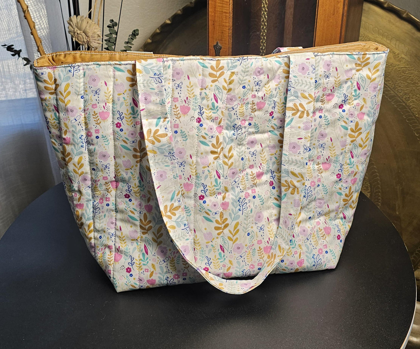 Handmade Cotton Quilted Tote Bag with Floral Print