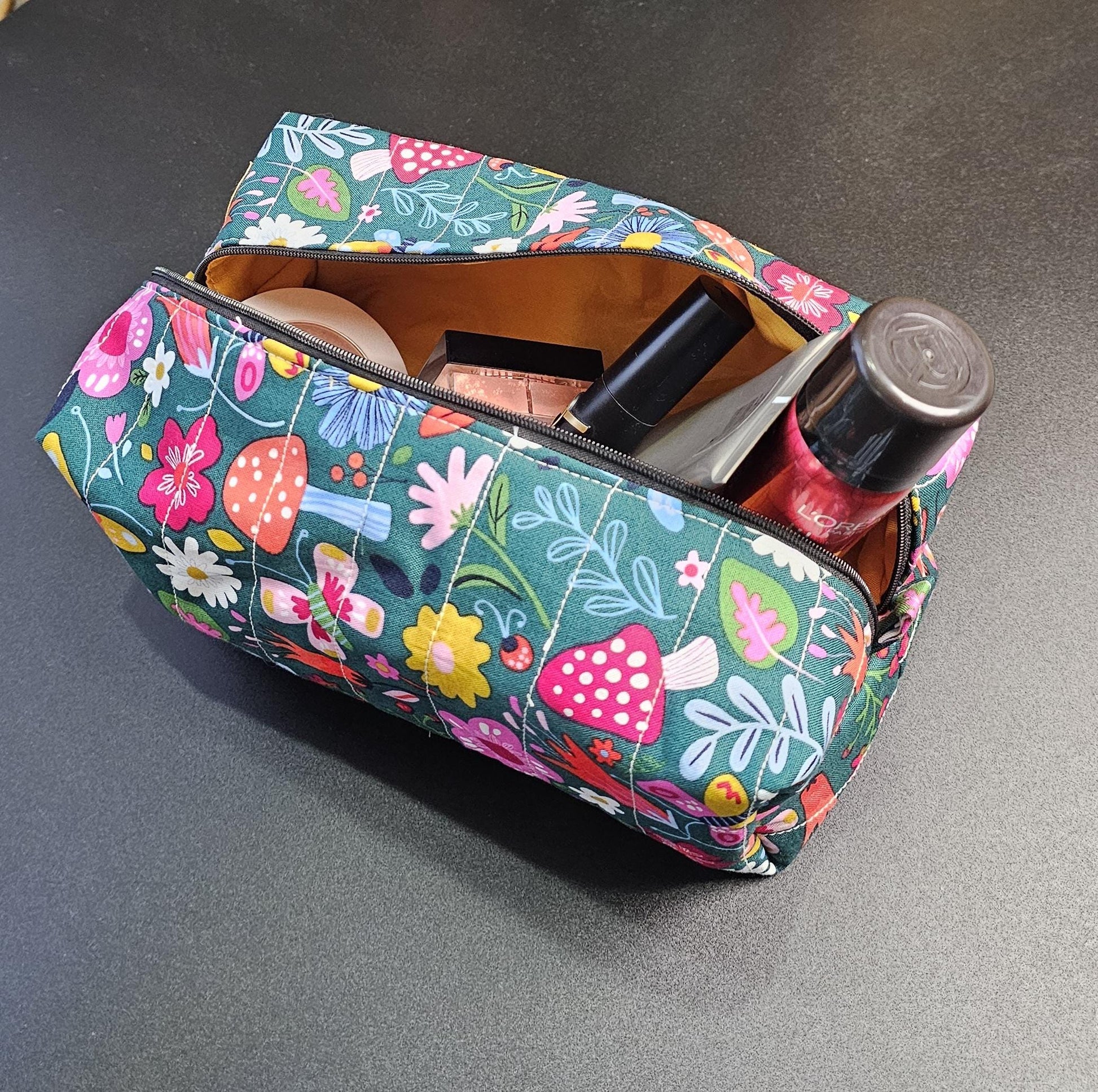 Handmade Quilted Makeup Bag, Floral Cotton Cosmetic Bag