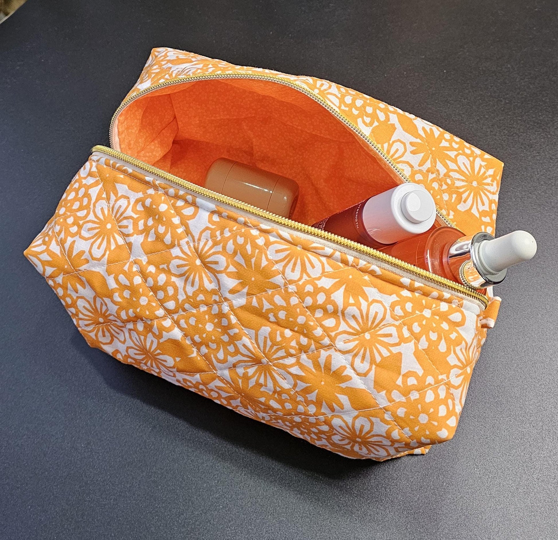 Handmade Large Quilted Makeup Bag: Orange Floral Cotton