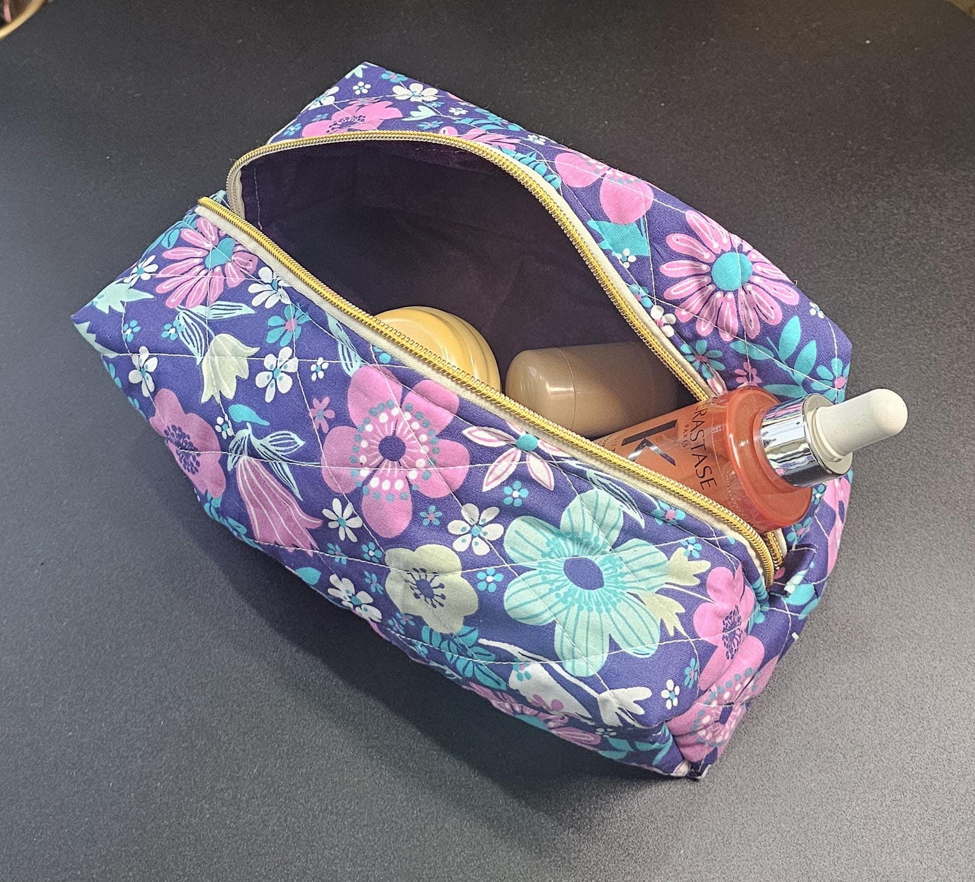 Handmade Quilted Cotton Makeup Bag, Floral Print (11"x6.5"x4")