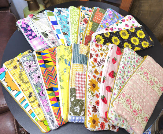 Handmade Cotton Pencil Pouch - Floral Zipper Bag, 9" x 4"