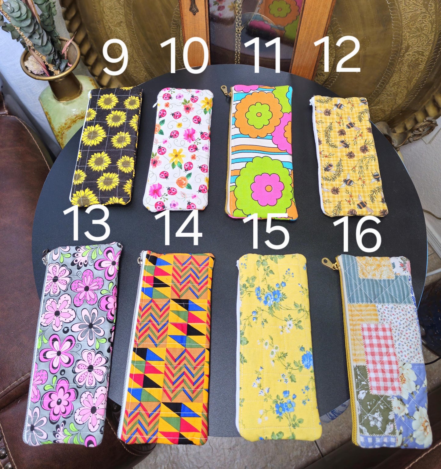 Handmade Cotton Pencil Pouch - Floral Zipper Bag, 9" x 4"