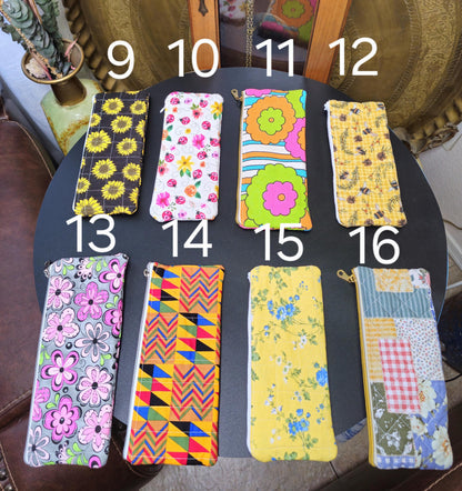 Handmade Cotton Pencil Pouch - Floral Zipper Bag, 9" x 4"