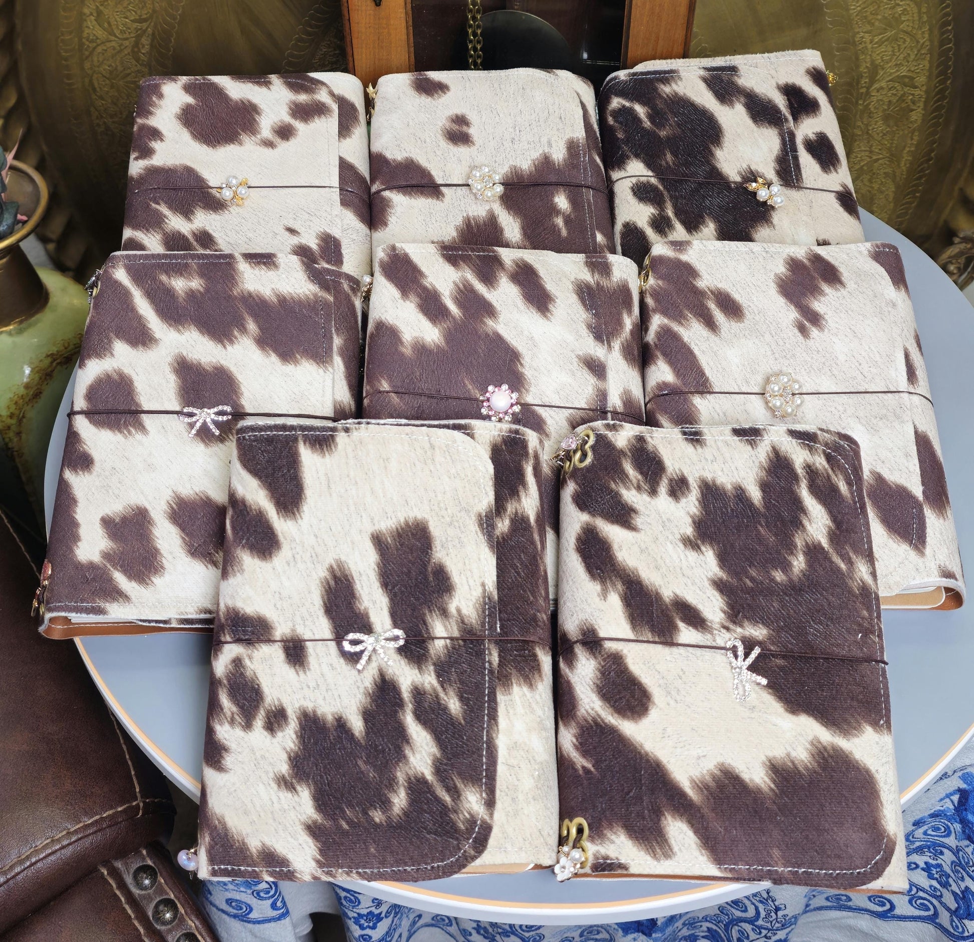 Handmade Cow Print Notebook with Charms, Velvet Packet (8.5" x 6")