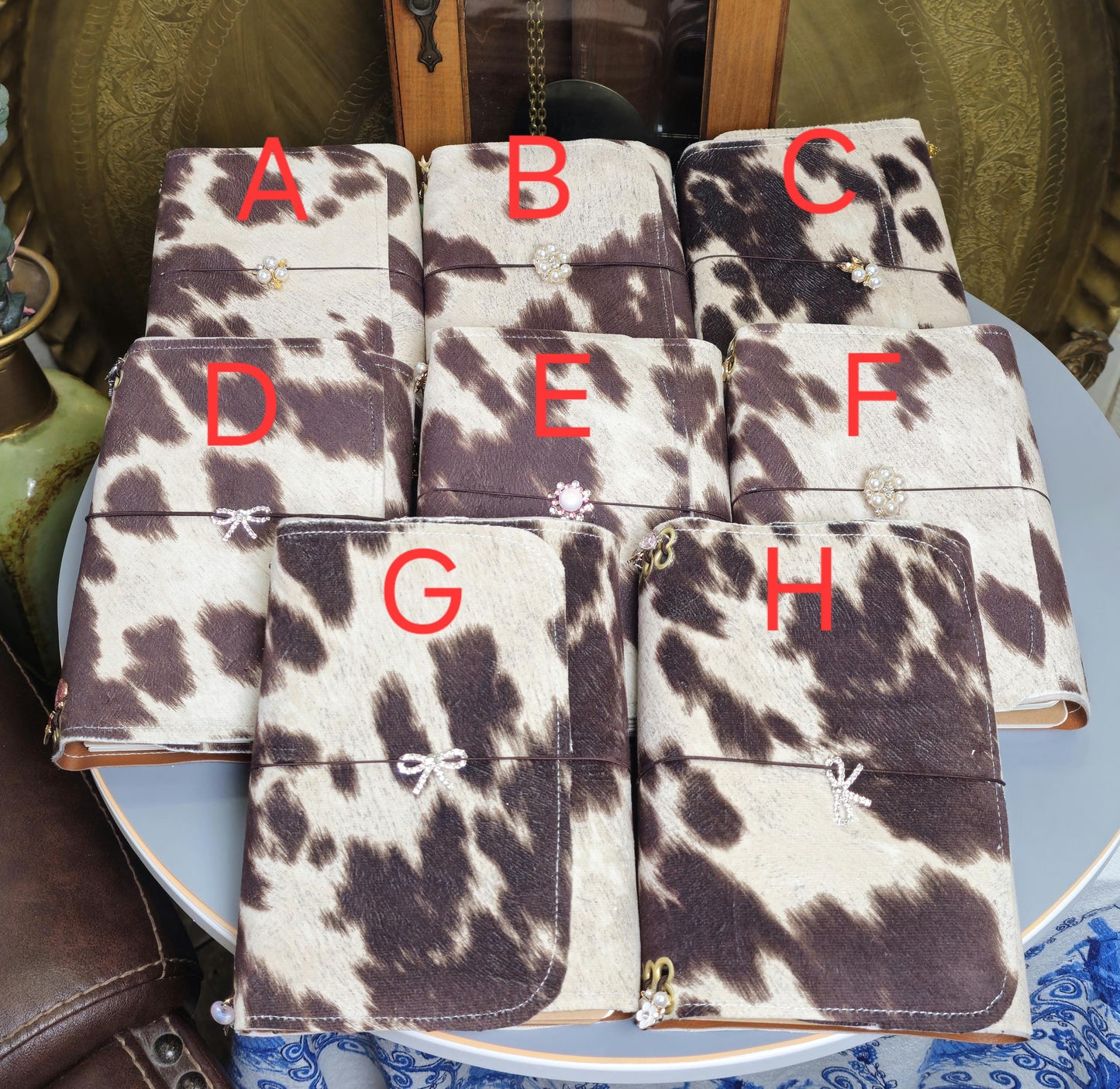 Handmade Cow Print Notebook with Charms, Velvet Packet (8.5" x 6")