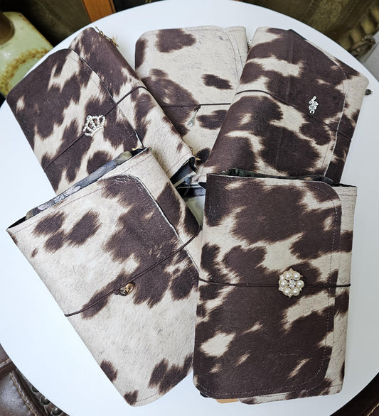 Handmade Cow Print French Notebook with Charms, Velvet Pouch
