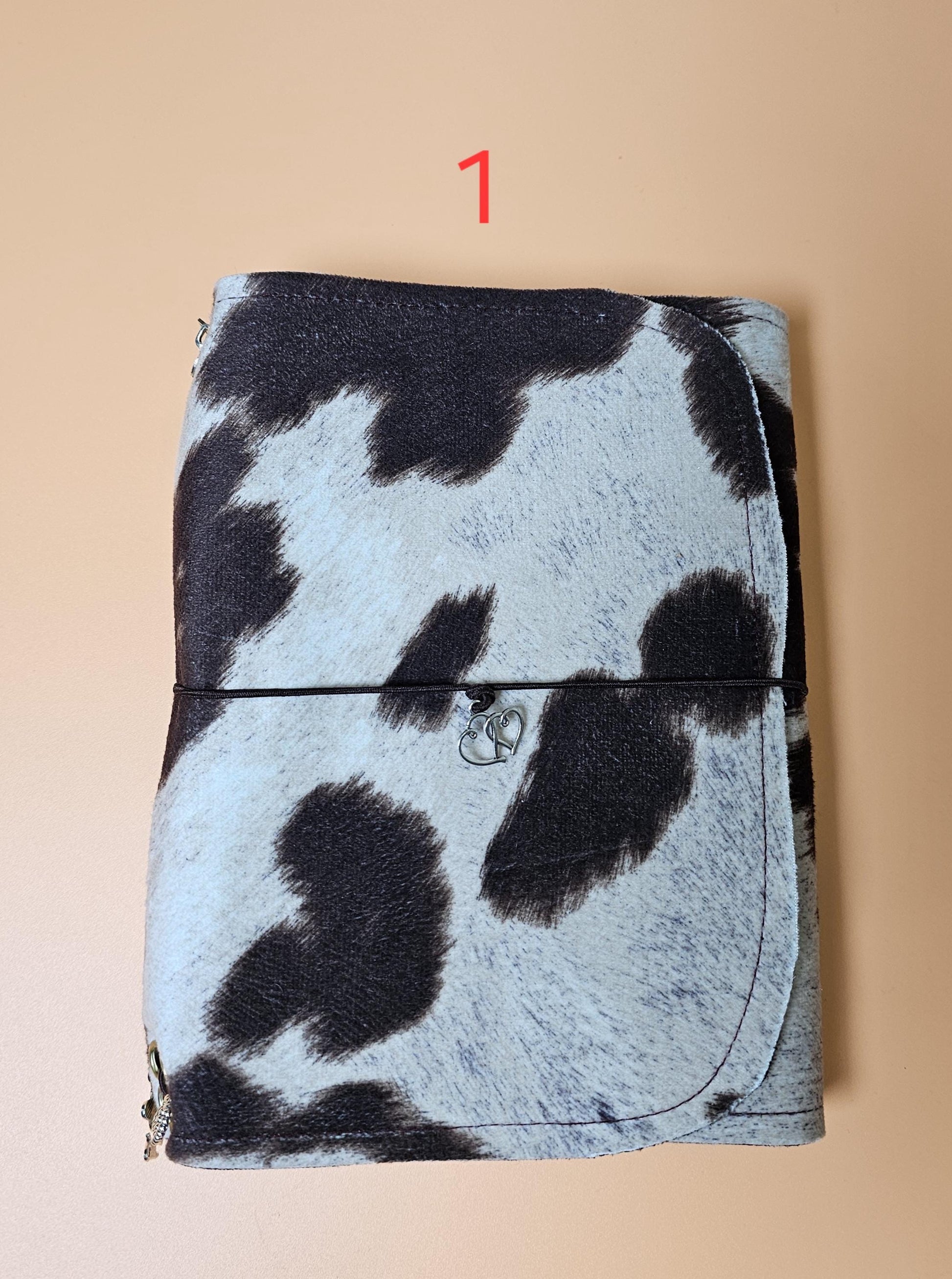 Handmade French Notebook Cow Print with Charms and Velvet Pouch