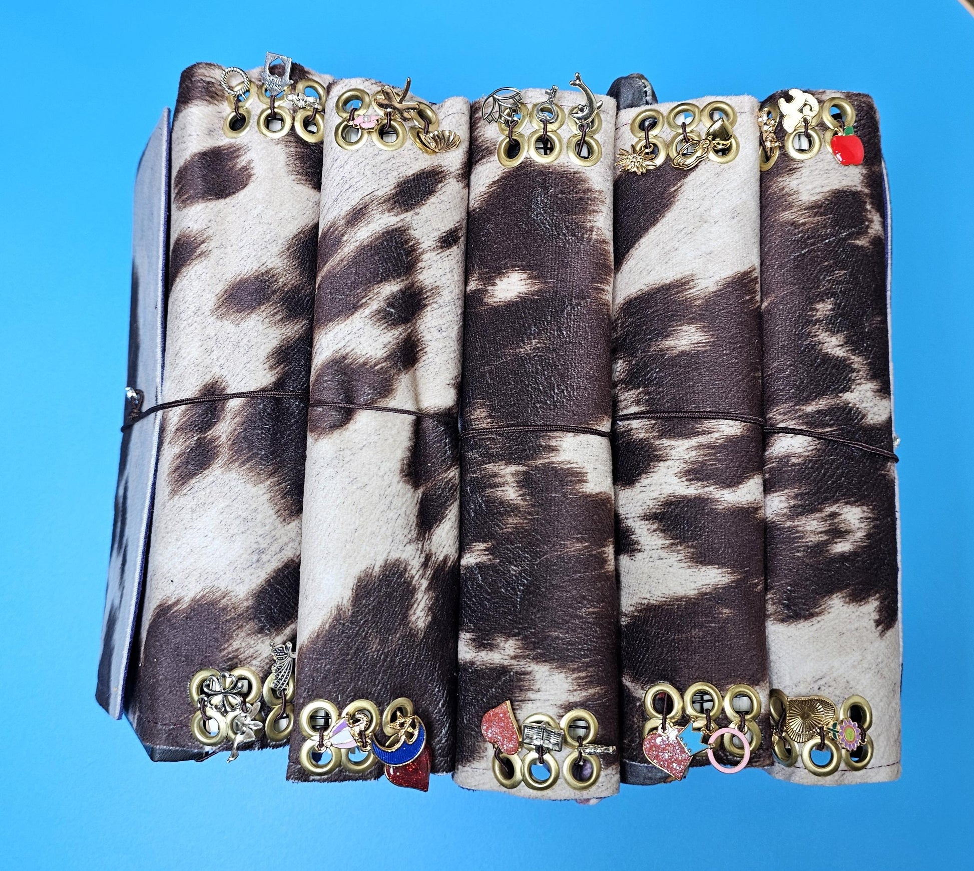 Handmade French Notebook Cow Print with Charms and Velvet Pouch