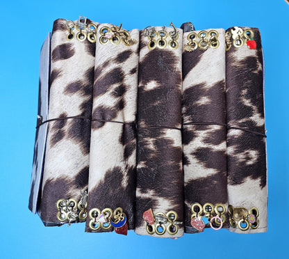 Handmade French Notebook Cow Print with Charms and Velvet Pouch