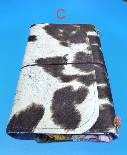 Handmade French Notebook Cow Print with Charms and Velvet Pouch