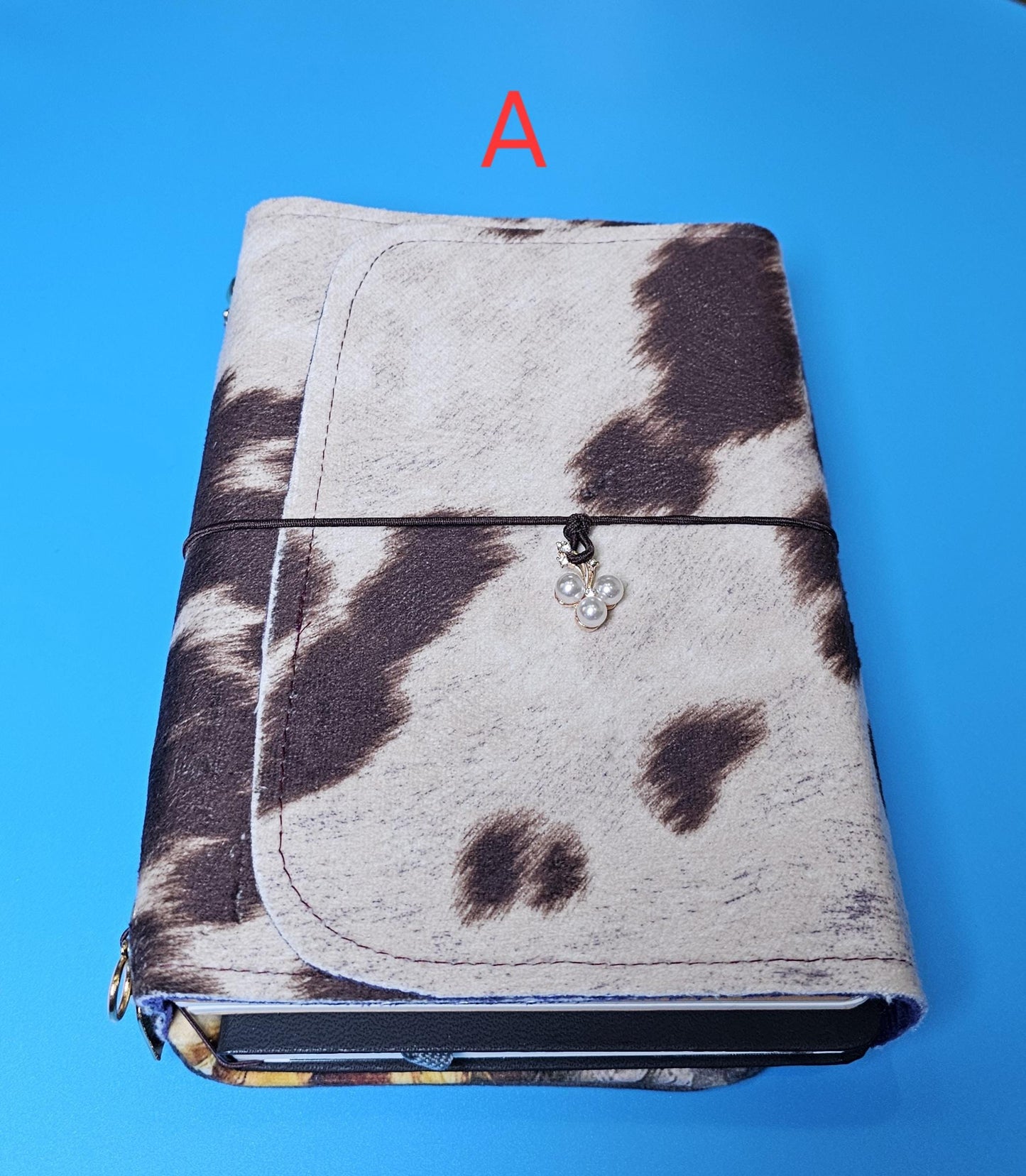 Handmade French Notebook Cow Print with Charms and Velvet Pouch