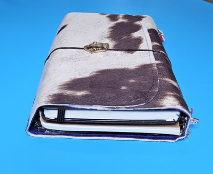 Handmade French Notebook Cow Print with Charms and Velvet Pouch