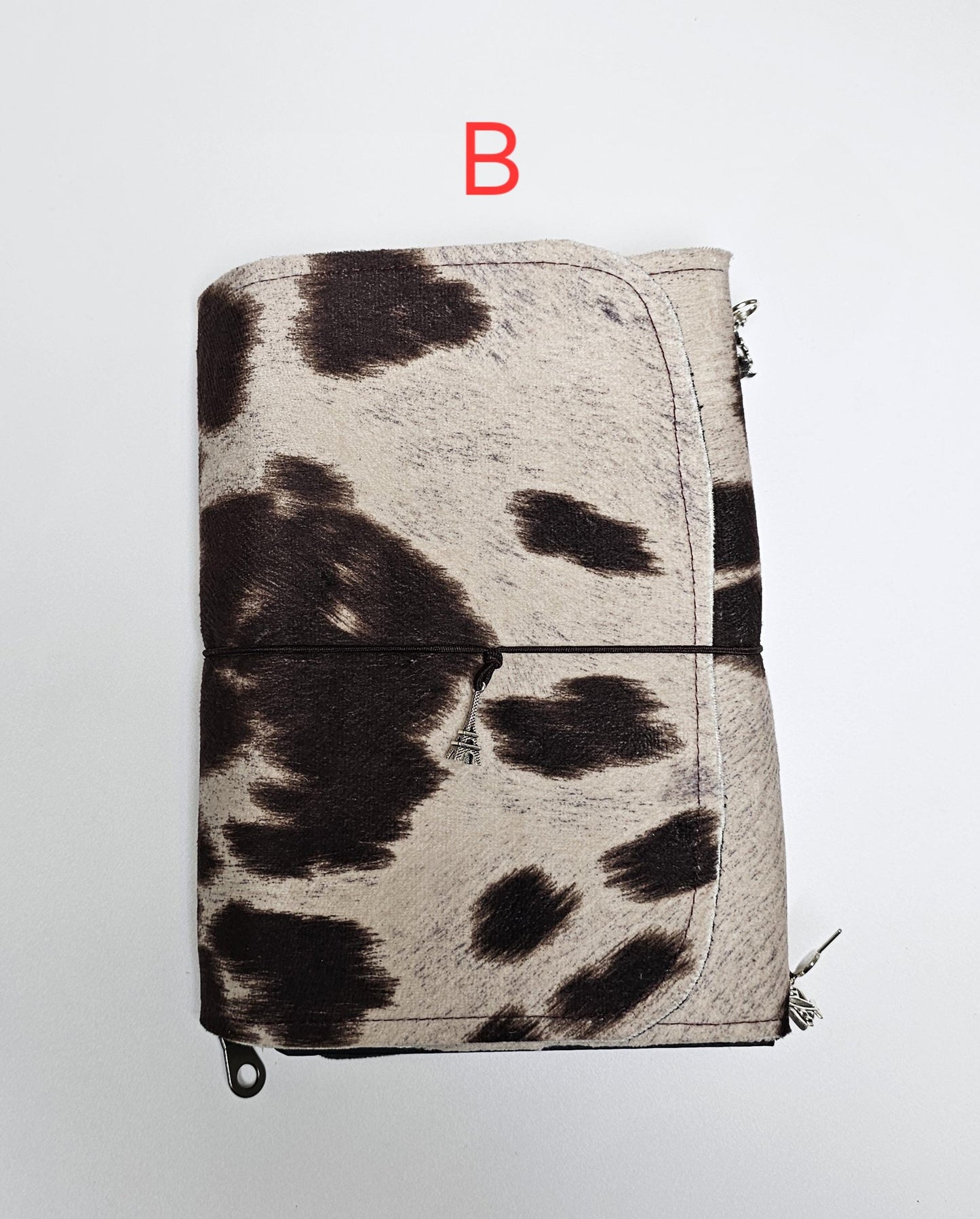 Handmade Cow Print French Notebook with Charms, Velvet Pouch