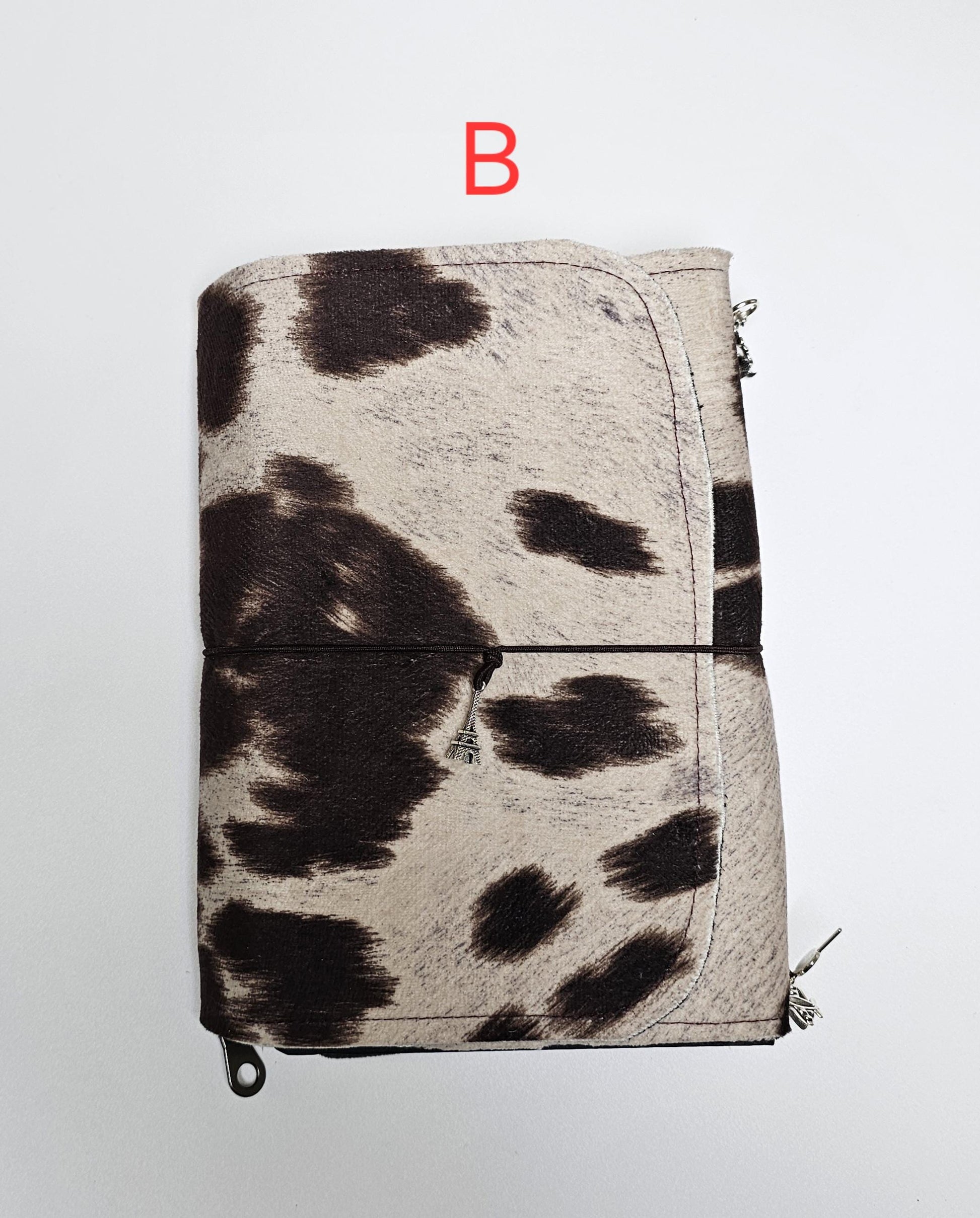 Handmade Cow Print French Notebook with Charms, Velvet Pouch