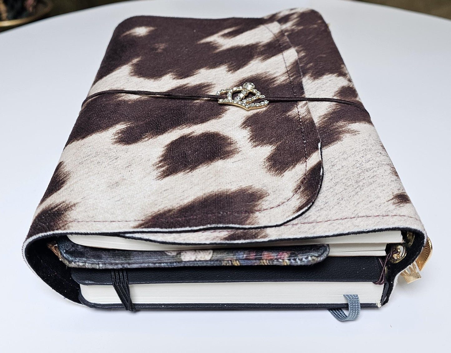 Handmade Cow Print French Notebook with Charms, Velvet Pouch