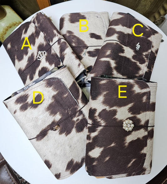 Handmade Cow Print French Notebook with Charms, Velvet Pouch