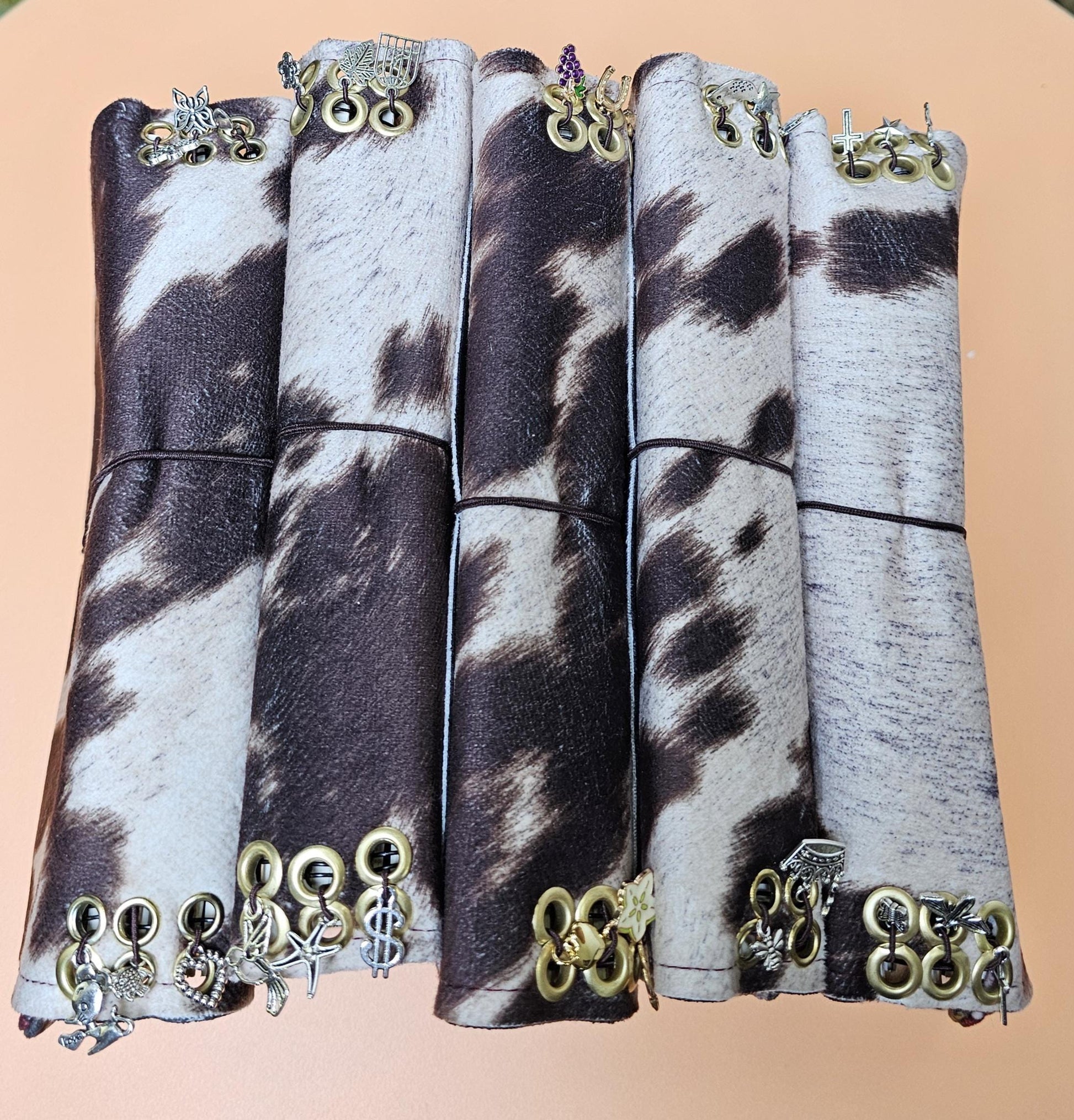 Handmade French Notebook Cow Print with Charms and Velvet Pouch