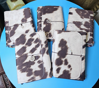 Handmade French Notebook Cow Print with Charms and Velvet Pouch