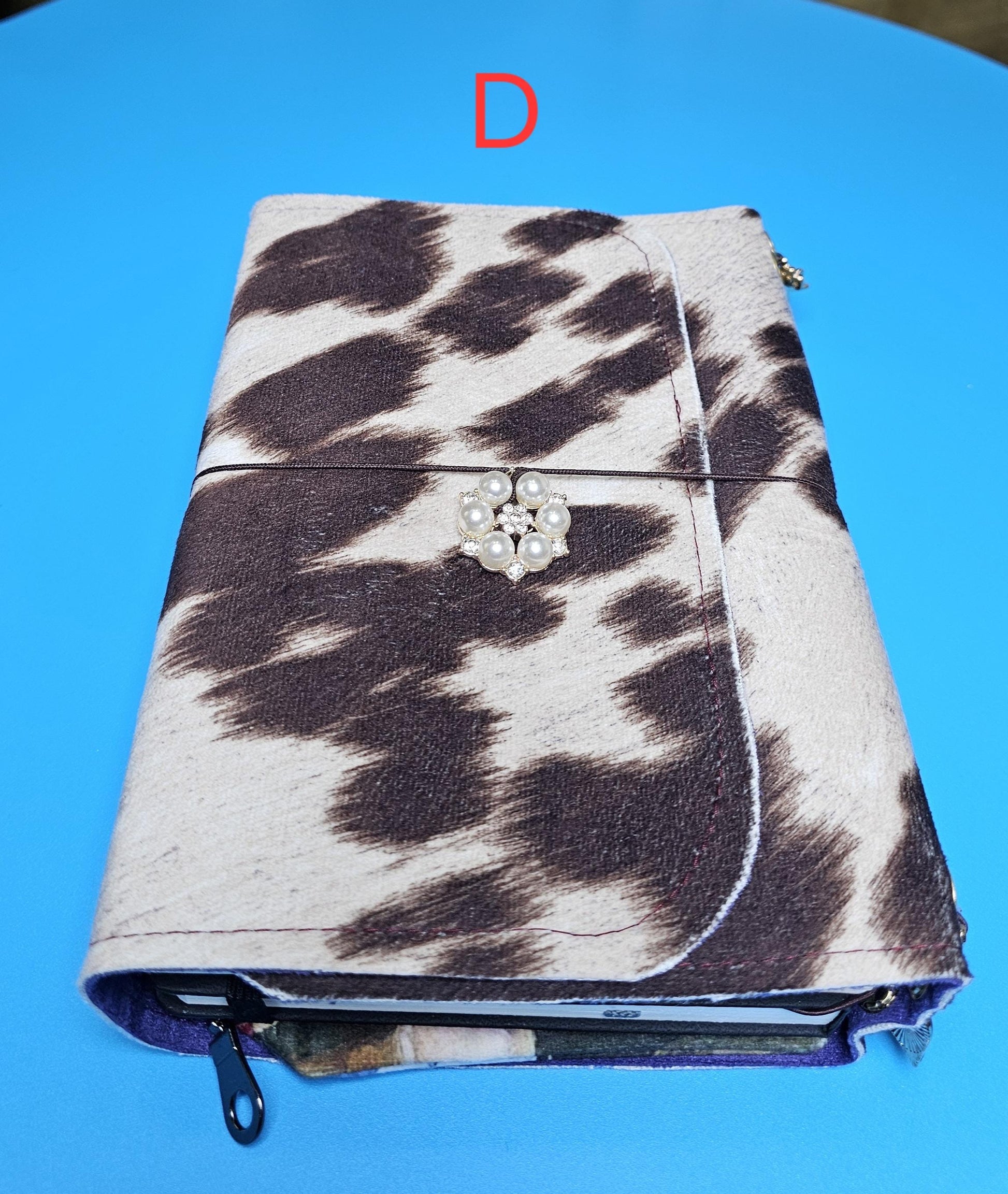 Handmade French Notebook Cow Print with Charms and Velvet Pouch