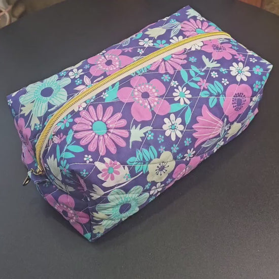 Handmade Quilted Cotton Makeup Bag, Floral Print (11"x6.5"x4")