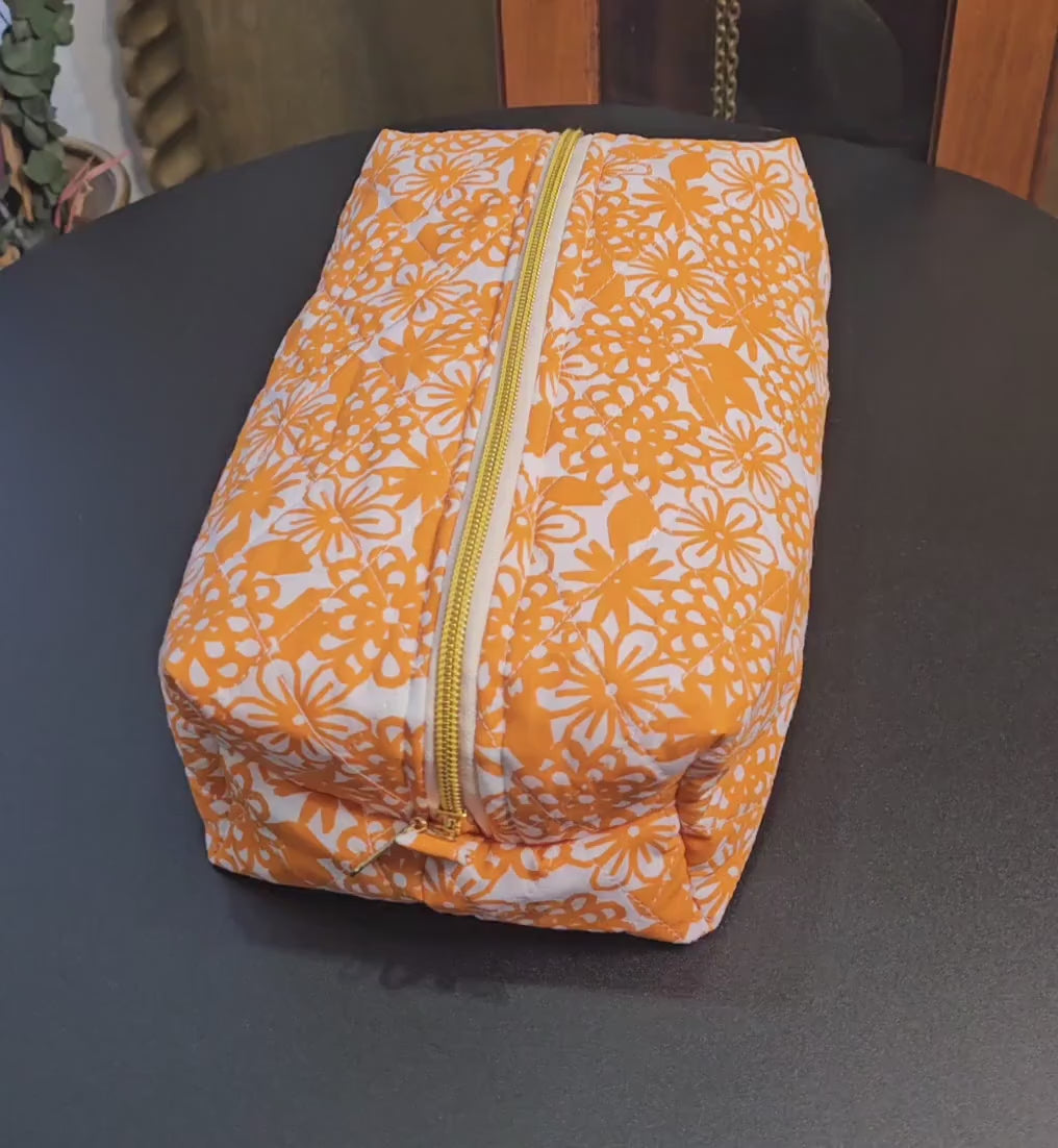 Handmade Large Quilted Makeup Bag: Orange Floral Cotton
