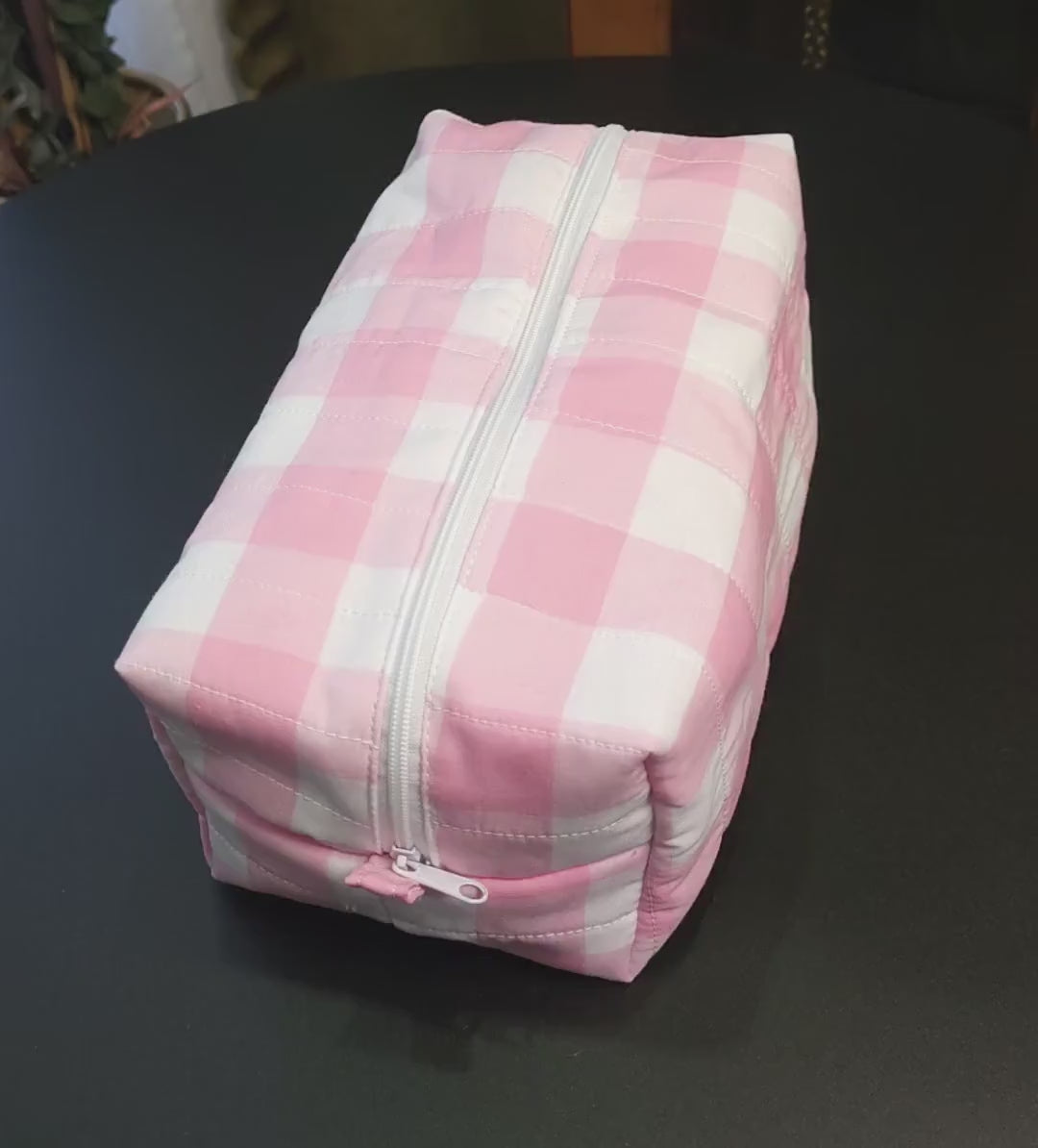 Handmade Cotton Makeup Bag: Pink Plaid Travel Cosmetic Bag