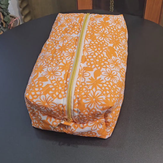 Handmade Large Quilted Makeup Bag: Orange Floral Cotton