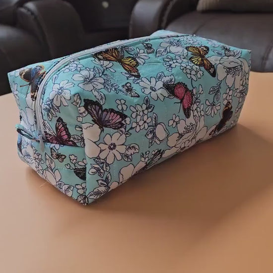 Handmade Floral Butterfly Makeup Bag - Medium Cotton Cosmetic Pouch